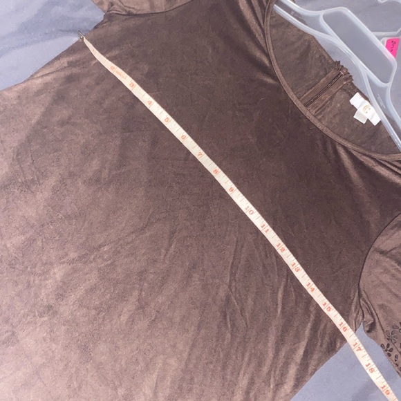 C brand Solid Brown Suede-Like Stretchy Short-Sleeved Dress with Flowery Trim - Picture 11 of 16